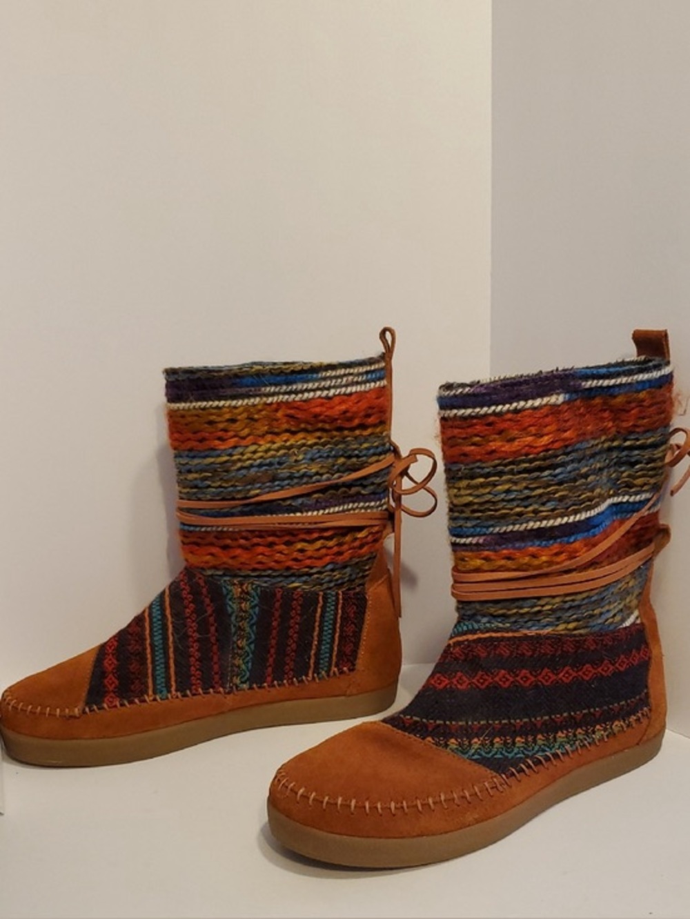 Toms Nepal Suede Woven Yarn Mid Boots Women 6 Brown Boho Stripe